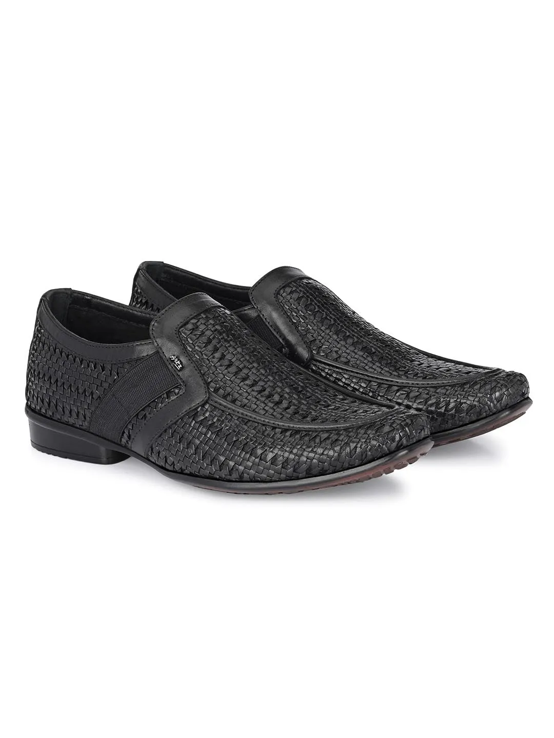 Hitz Men's Black Leather Slip-On Semi-Formal Shoes