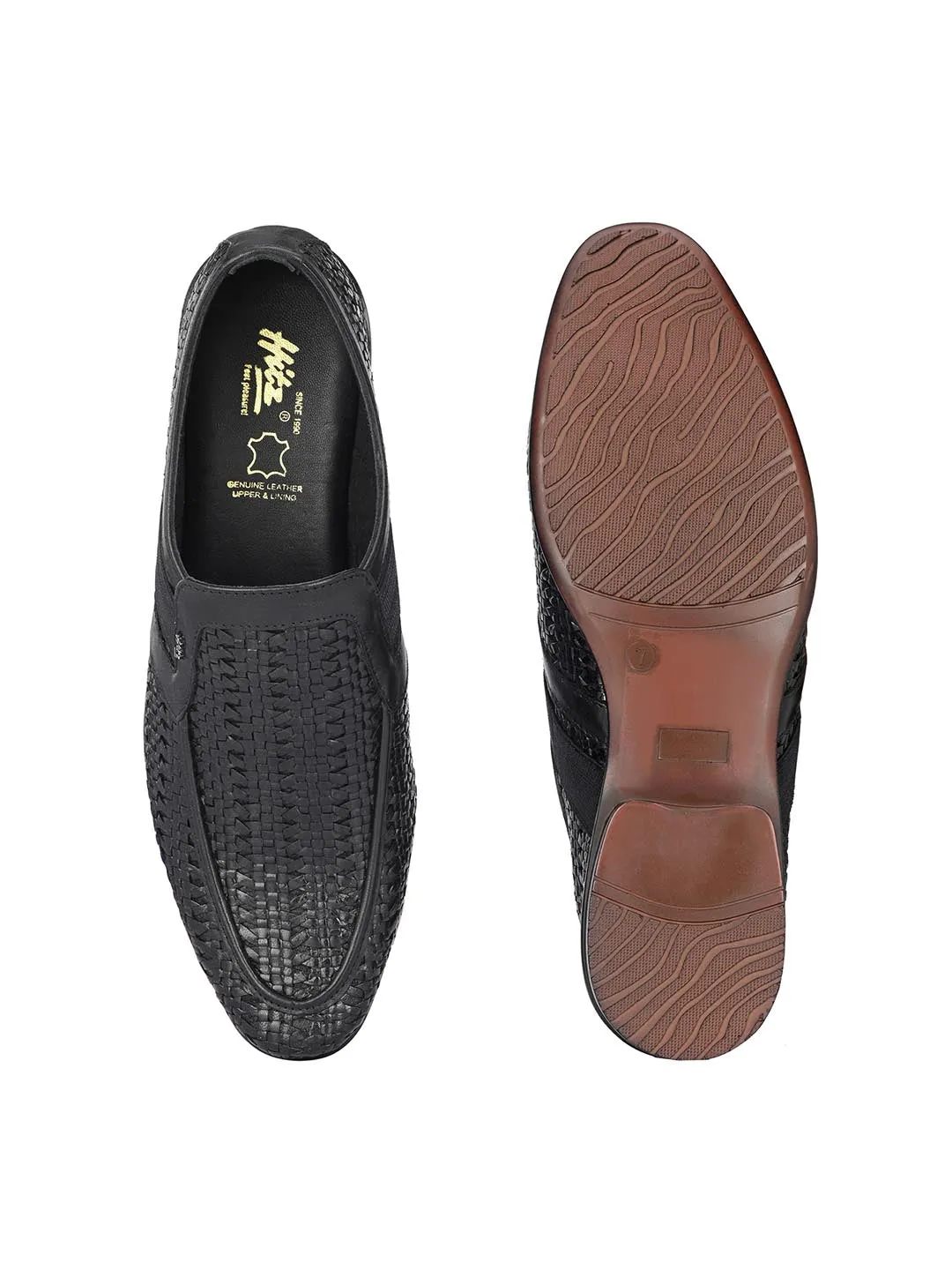 Hitz Men's Black Leather Slip-On Semi-Formal Shoes