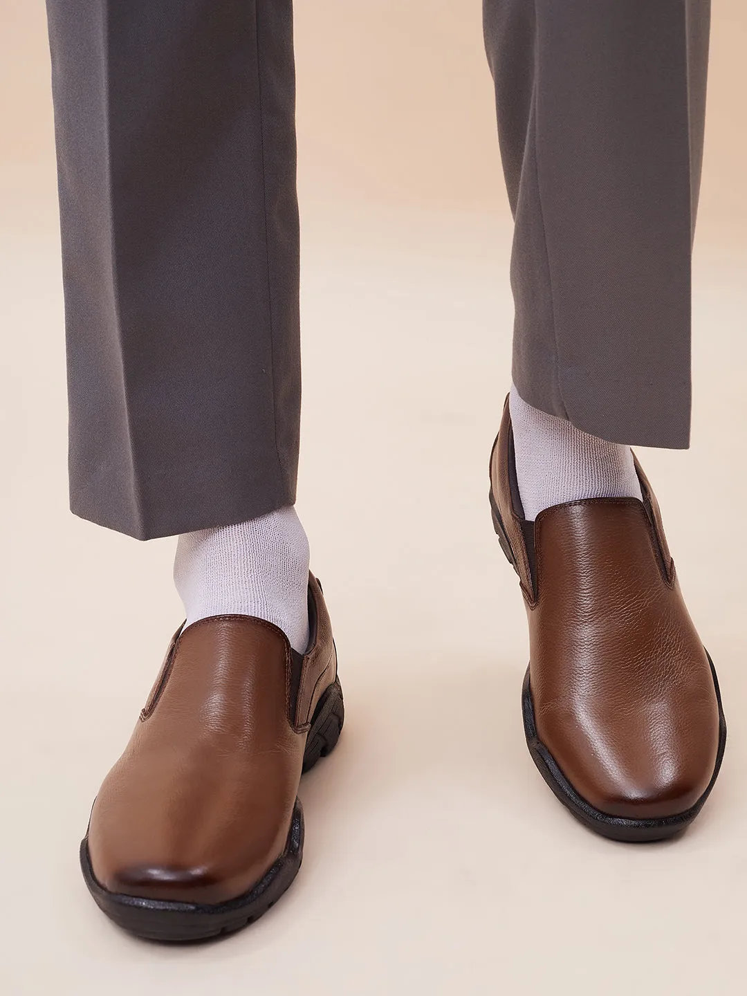 Hitz Men's Tan Leather Slip-On Formal Shoes