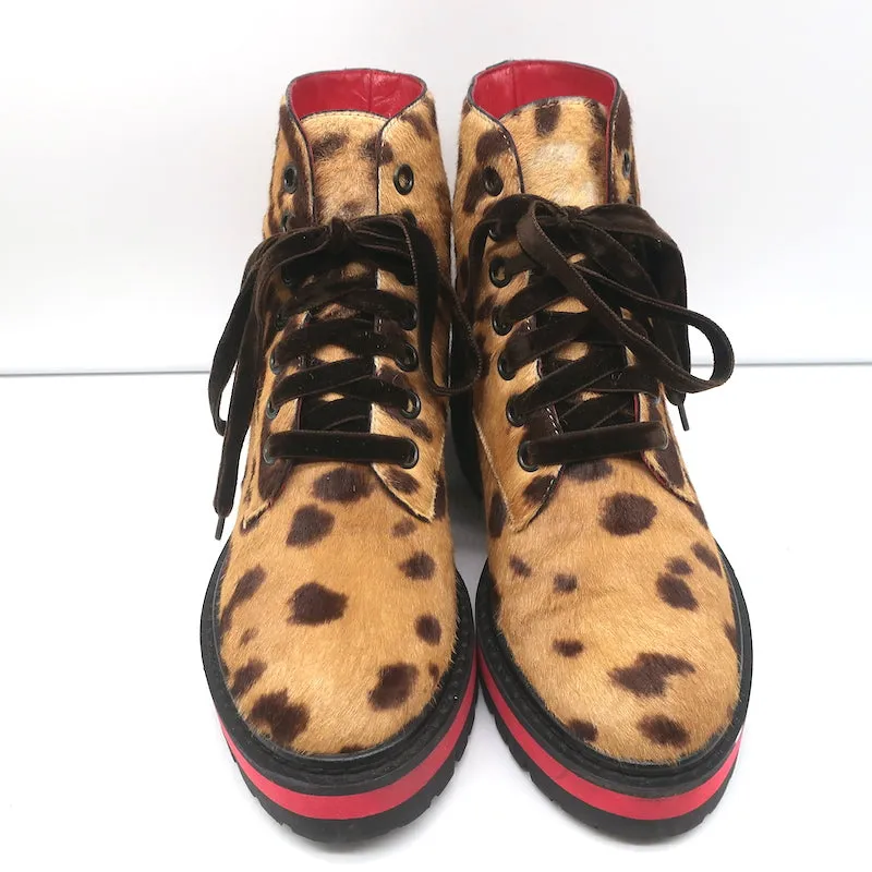 Mr & Mrs Italy Leopard Print Pony Hair Combat Boots Size 37 Lace-Up Ankle Boots