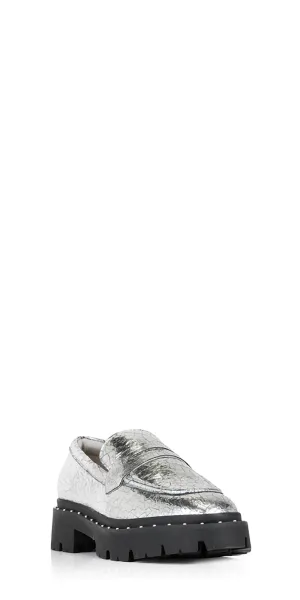 Women's Christie Studs Crackled Leather Loafer In Silver